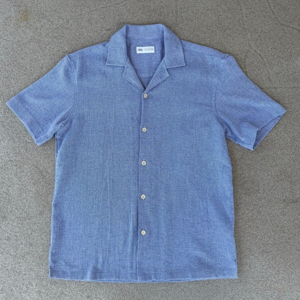 Zara Textured Camp Collar Button Down - Mens Medium Blue Short Sleeve